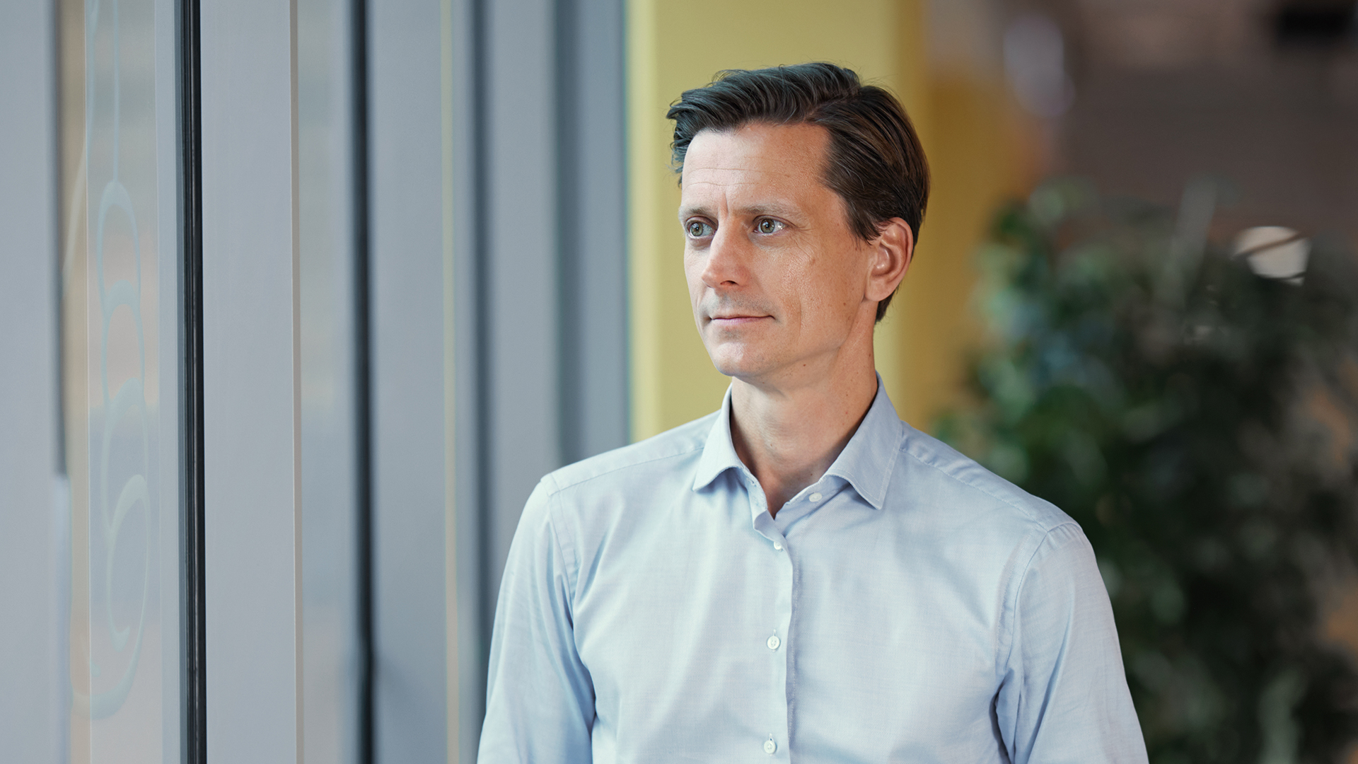 a man in a blue shirt