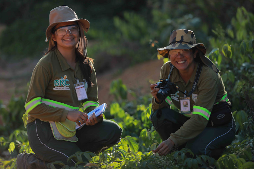 a couple of people in the woods