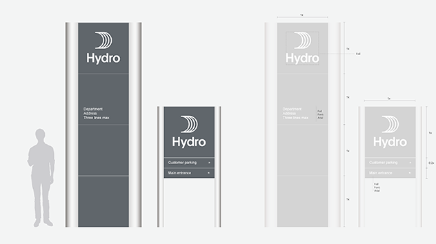 pylons with logo and text in dark blue and light gray, various sizes, size of person to scale, with measurements